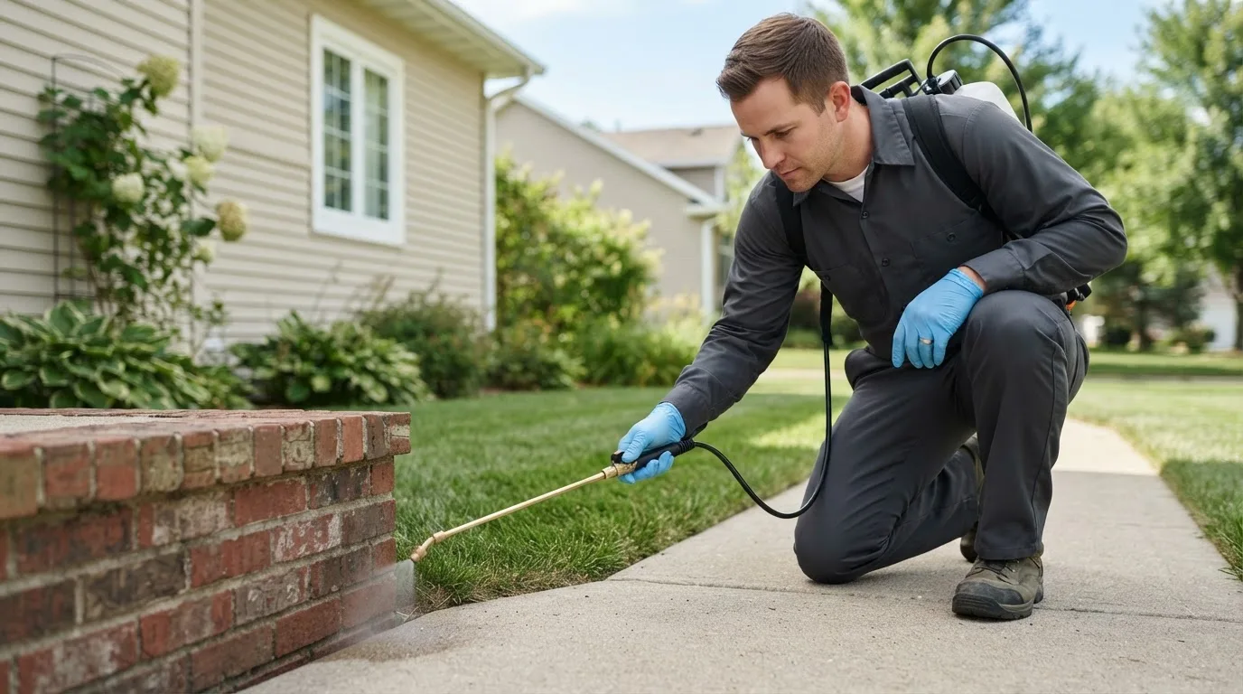 Pest control technician treating a home near Talladega, AL